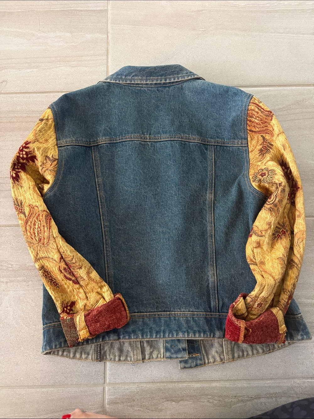 CAbi Blue Denim Jacket with Yellow & Red Patterned Sleeves - Picture 4 of 6